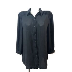 Chicos Top Black Sheer Button Down Blouse w/Floral Lace Back & Shoulders LS XL/3
